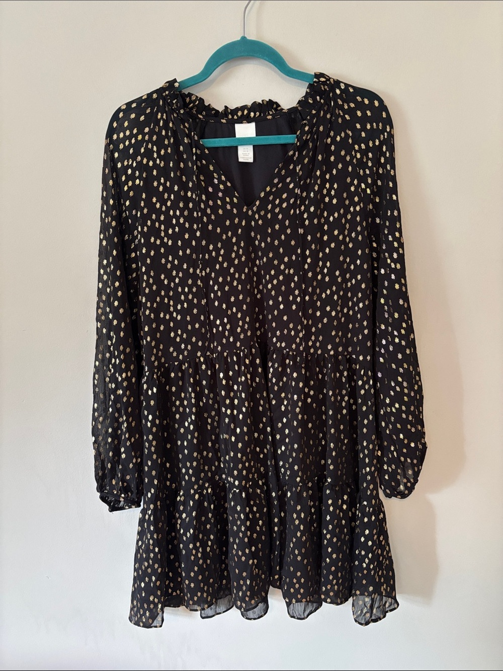 H&M Black Gold Metallic Clip Dot Tiered Mini Dress Size 10 Long Sleeve